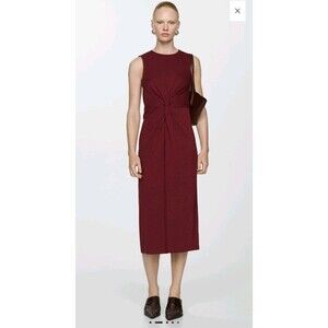 MNG Size 8 Maroon Center Drape Twist Front 100% Cotton Midi Dress